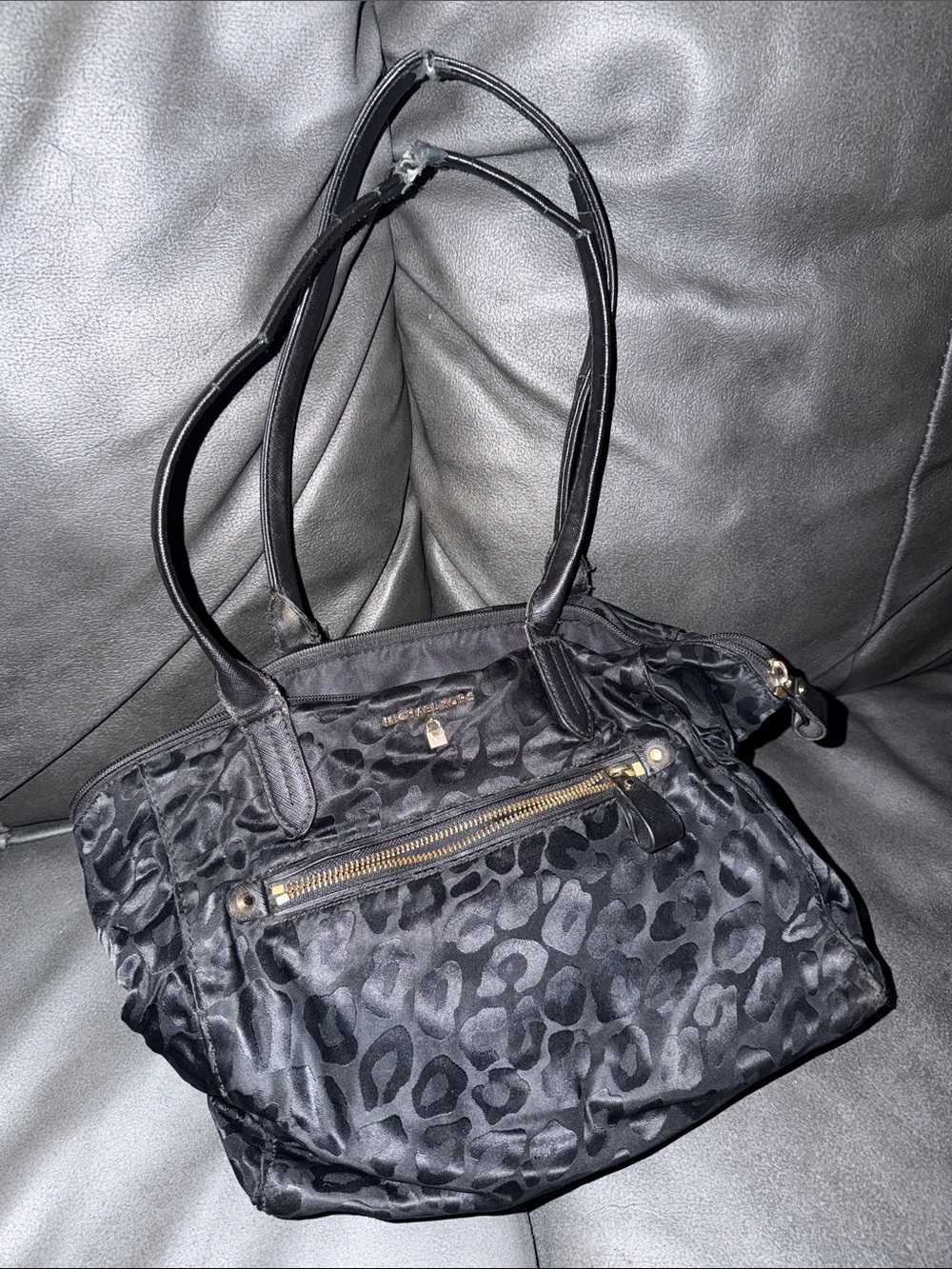 MK MICHAEL KORS DESIGNER Black Leopard-Print Tote Bag with Gold Hardware